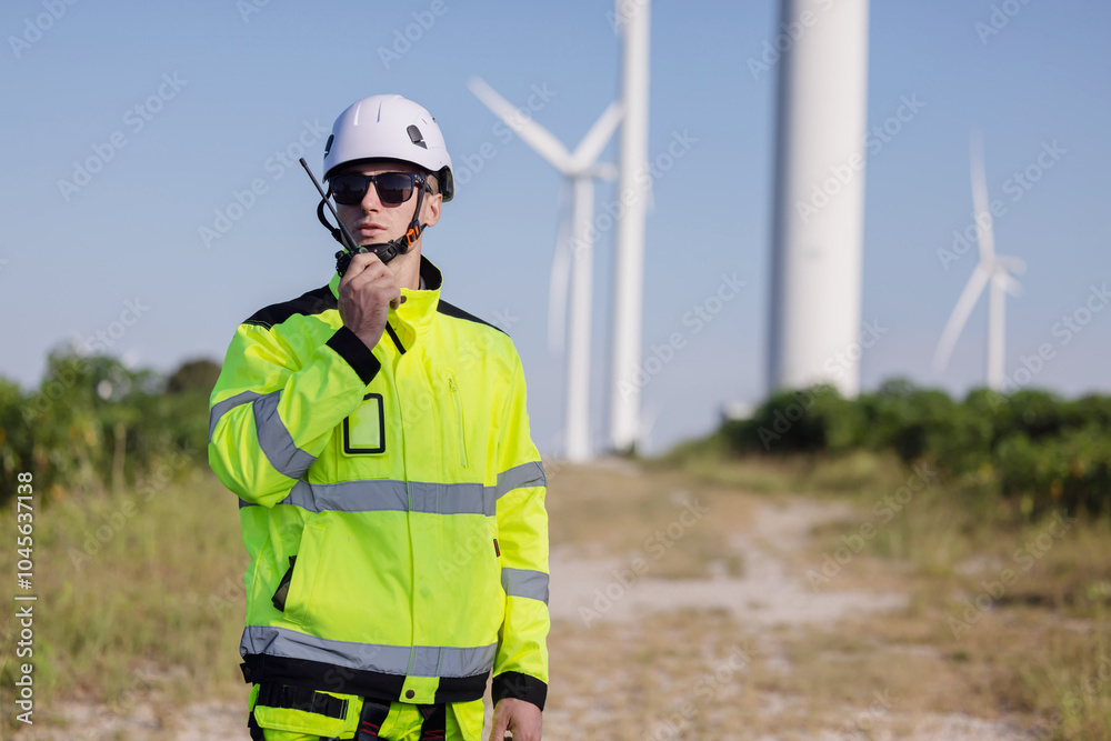 Engineer using a walkie talkie at the wind turbines site