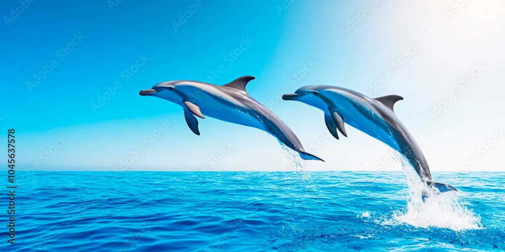 Fototapeta premium Two dolphins leaping gracefully above ocean waves, symbolizing freedom and joy, ideal for wildlife conservation themes and aquatic adventures