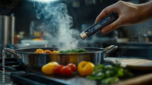 
Hands using a digital thermometer in a high-tech commercial kitchen for precise cooking, precision cooking, food tech in gastronomy.