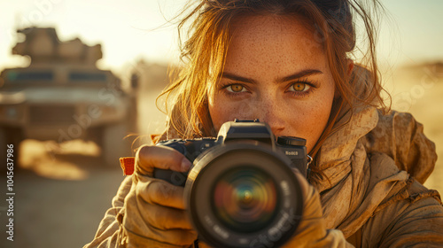 Woman photojournalist capturing images in conflict zone with military vehicle behind. photo