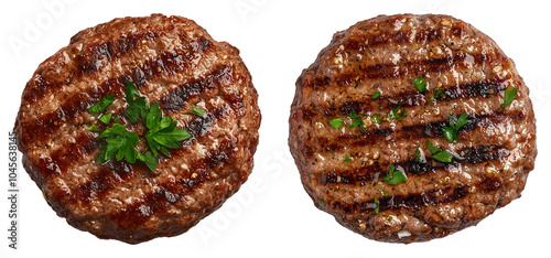 Hamburger Steaks with Herbs, Top View, Isolated on Transparent Background, Great for Fast Food Promotions, Cookbooks, and Restaurant Advertisements