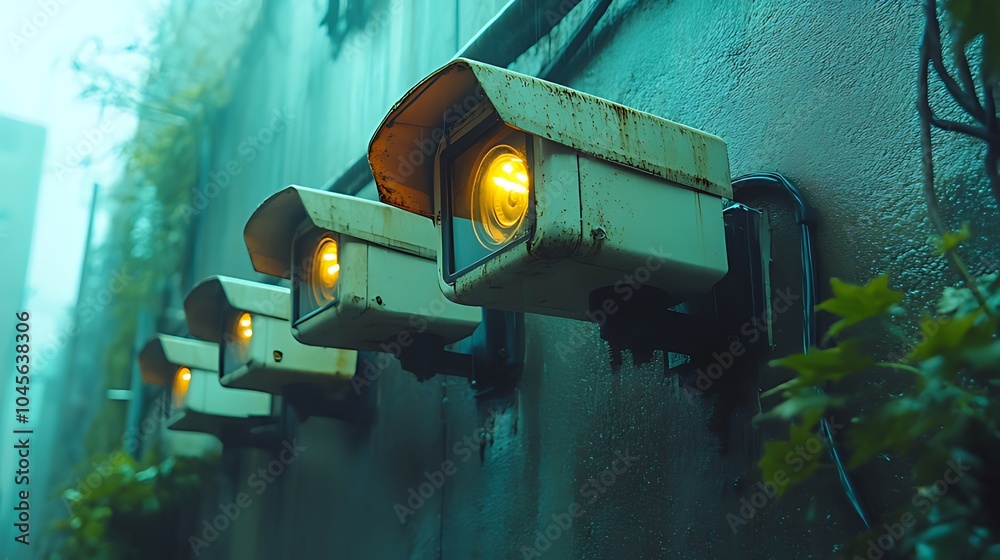 Three security cameras mounted on a wall with a foggy background. Three security cameras mounted on a wall with a foggy background.