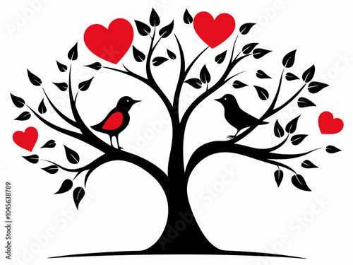 Valentine's Day Love Birds Kissing on Heart Tree Vector Illustration