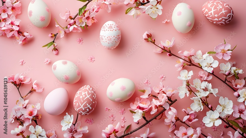 Pink and white Easter eggs with blooming flowers on a pink background. Pink and white Easter eggs with blooming flowers on a pink background.