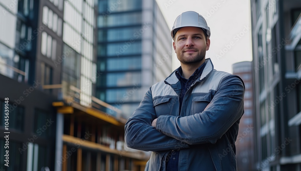 Man In City: Engineering And Architecture On Construction Site With Male Contractor For Planning, Design, And Industry. Building Infrastructure Project Management. Man In City: Engineering And Architecture On Construction Site With Male Contractor For Planning, Design, And Industry. Building Infrastructure Project Management.