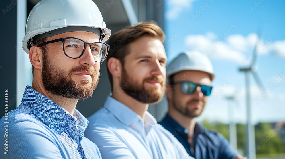 Three professionals in hard hats posing confidently with wind turbines in the background