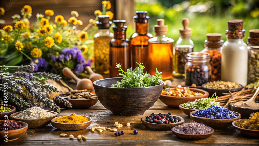 Colorful spices and herbs in rustic setting with flowers and glass jars
Colorful spices and herbs in rustic setting with flowers and glass jars