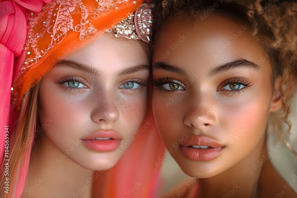 Obraz premium Two models stand closely together, displaying striking makeup and unique hairstyles adorned with bright colors, illuminated by soft golden light.