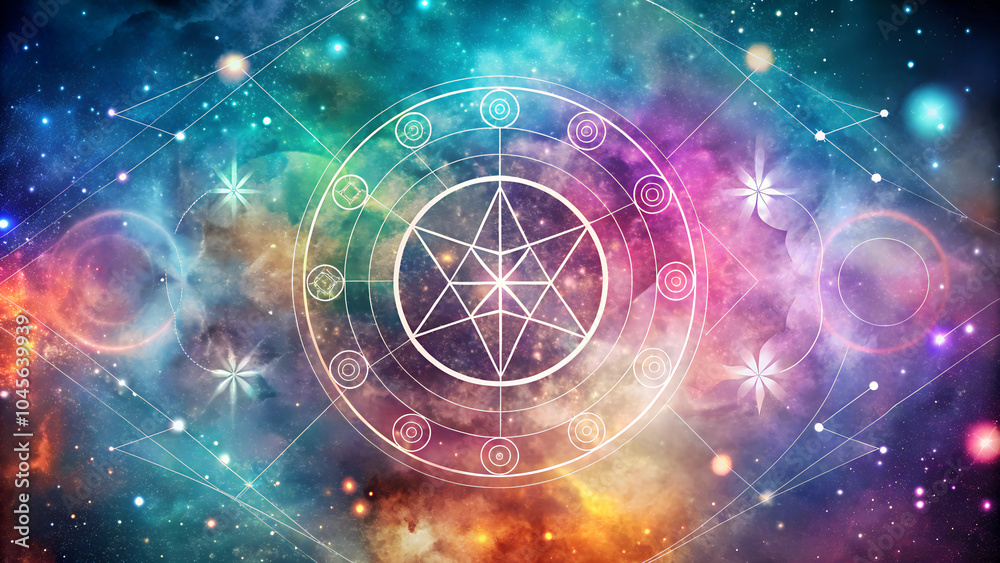Fototapeta premium Mystical cosmic pentagram with colorful galaxy background, abstract digital art, spiritual concept, copy space 