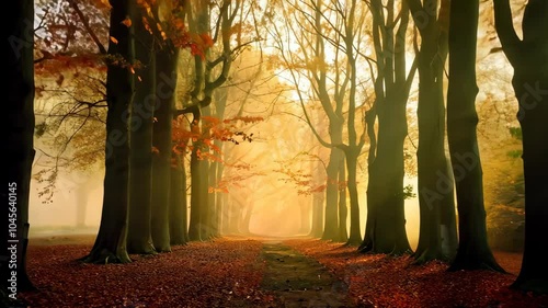 Misty autumn forest sunrise the ground covered with leaves. Slow motion video. Generative AI