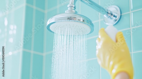 Woman cleaning chrome showerhead with spray solution on blue tiled wall in bright bathroom