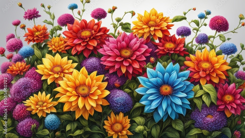 A vibrant arrangement of colorful flowers in various shapes and sizes, creating a lively scene. A vibrant arrangement of colorful flowers in various shapes and sizes, creating a lively scene.