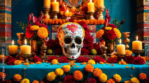 Festive Mexico's Day of the Dead Banner Vibrant Cultural Art suitable for business background, posters, wallpapers, banners, greeting cards, and advertising for business entities or brands.