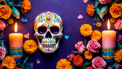 Festive Mexico's Day of the Dead Banner Vibrant Cultural Art suitable for business background, posters, wallpapers, banners, greeting cards, and advertising for business entities or brands.