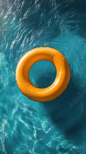 A bright yellow float ring floats on clear blue water during a sunny day at the pool