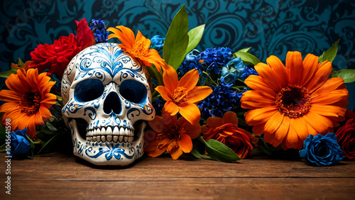 Festive Mexico's Day of the Dead Banner Vibrant Cultural Art suitable for business background, posters, wallpapers, banners, greeting cards, and advertising for business entities or brands.