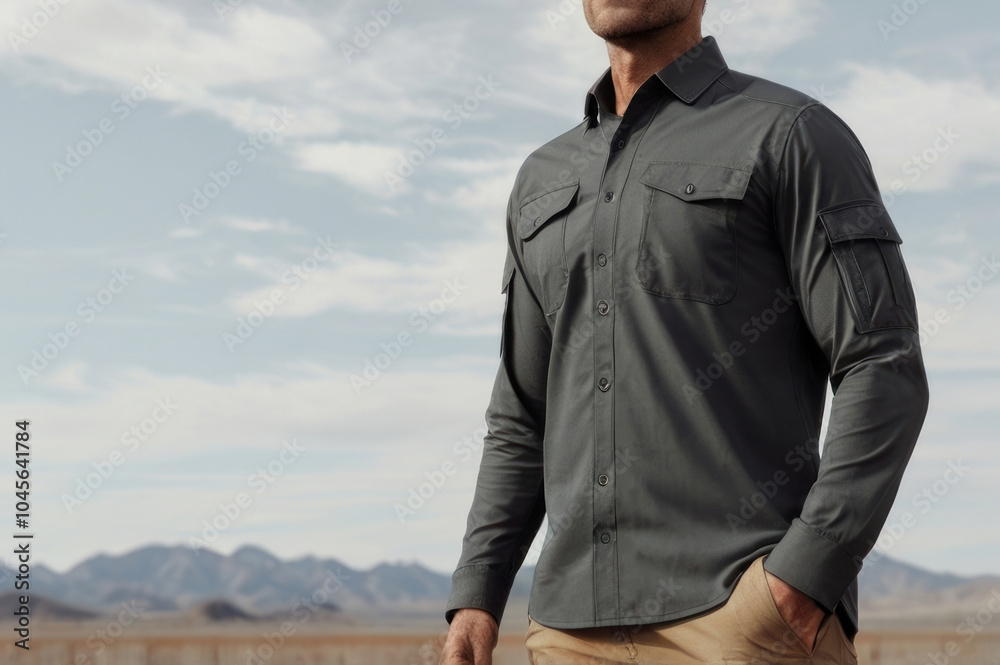 Man wearing charcoal long-sleeved t-shirt mockup on outdoor background. Mock up template for design print photos Man wearing charcoal long-sleeved t-shirt mockup on outdoor background. Mock up template for design print photos