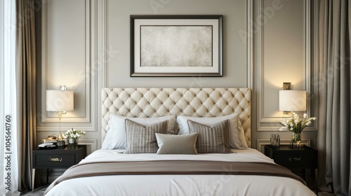 Bedroom frame mockup above a headboard, surrounded by plush bedding and decorative accents in soft, calming tones