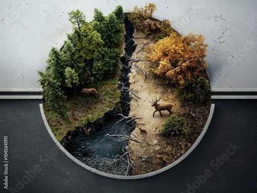 A stunning representation of nature's contrast, showcasing a lush forest on one side and a barren landscape on the other.