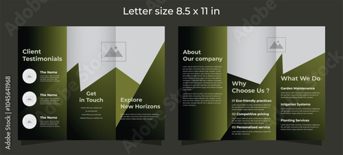 Trifold brochure template for gardening company in green and black gradient colors
