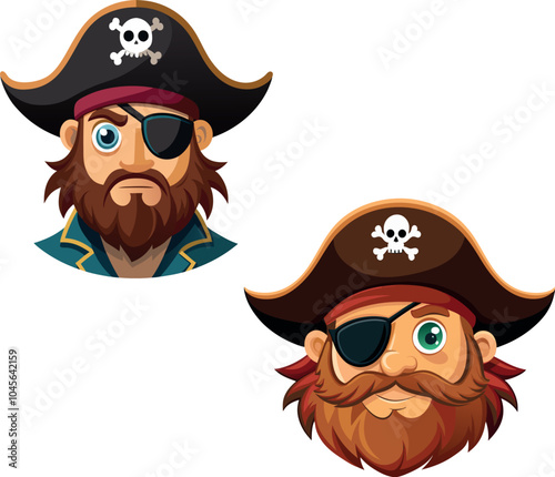 Two cartoon pirate captains wearing eyepatch and tricorn hats