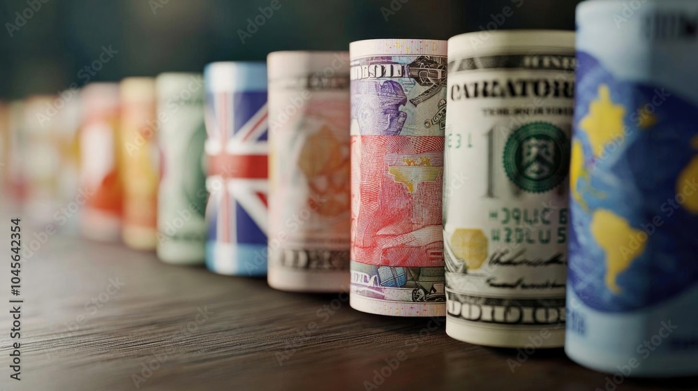 Colorful rolled banknotes representing various global currencies on a wooden surface, symbolizing finance and economy. Colorful rolled banknotes representing various global currencies on a wooden surface, symbolizing finance and economy.