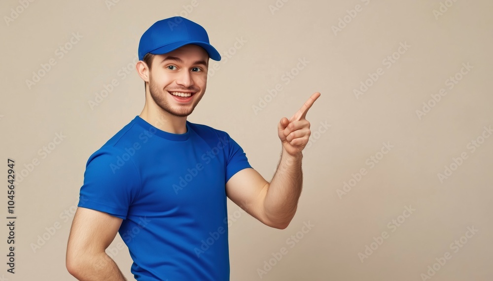 Cheerful Delivery Personnel In Blue Cap And T-Shirt Uniform Pointing Finger To Indicate Area On Beige Background. Service Concept. Cheerful Delivery Personnel In Blue Cap And T-Shirt Uniform Pointing Finger To Indicate Area On Beige Background. Service Concept.