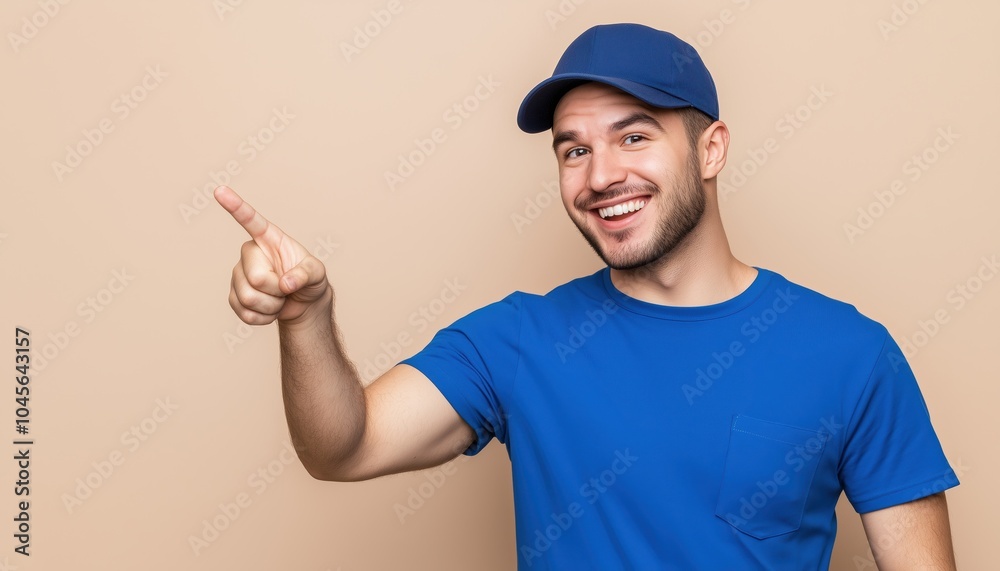 Smiling Delivery Worker In Blue Cap And T-Shirt Uniform Pointing Finger Towards Area On Beige Background. Illustrating Service Concept. Smiling Delivery Worker In Blue Cap And T-Shirt Uniform Pointing Finger Towards Area On Beige Background. Illustrating Service Concept.