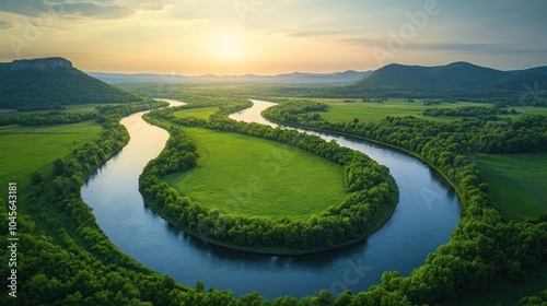 A serene river winding through lush greenery under a sunset sky.