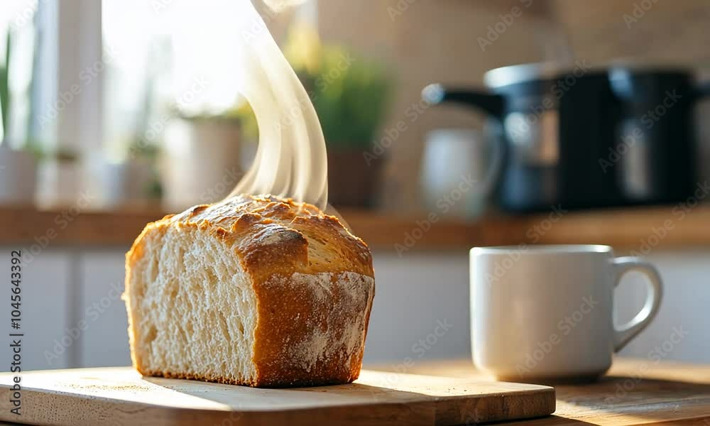 Freshly baked loaf of bread steaming on a wooden cutting board.