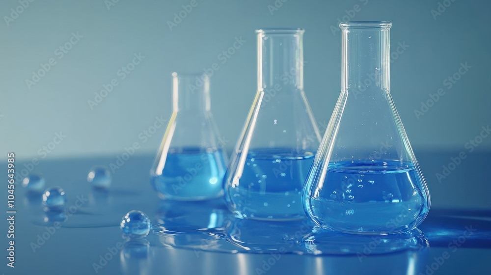 water in beaker and flask glass in chemistry blue science laboratory background water in beaker and flask glass in chemistry blue science laboratory background