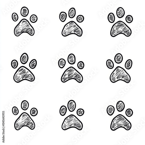 A seamless pattern of nine sketched paw prints on a white background.