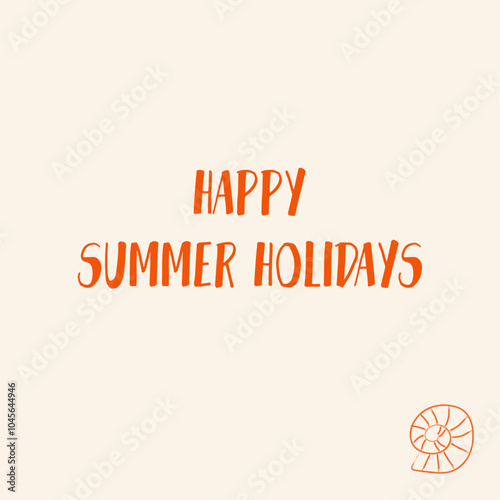 Orange and beige hand drawn doodle vector postcard with shell. Summer holidays vector illustration. Object of web design.