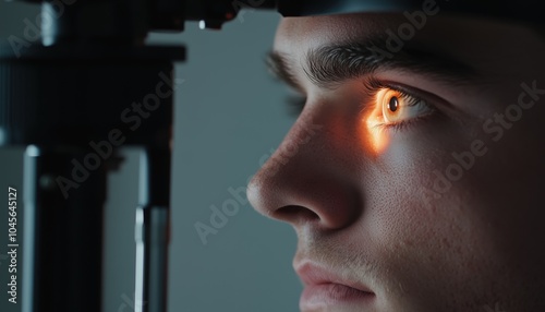 Stylish Man Undergoing Eye Examination At Ophthalmology Clinic. Close-Up View Of Male Retina Being Examined By A Specialist.