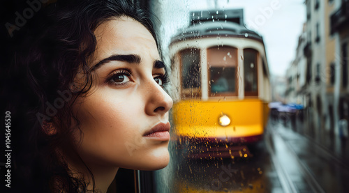 primer plano de mujer mujer joven con tranvía de fondo