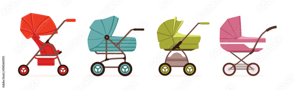Baby Carriage or Pram for Baby Walking Vector Set Baby Carriage or Pram for Baby Walking Vector Set