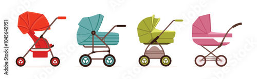 Baby Carriage or Pram for Baby Walking Vector Set