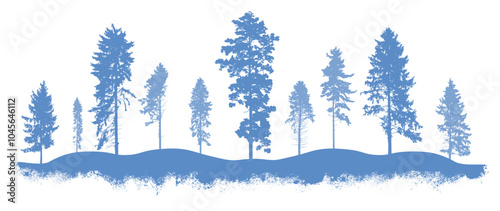 Winter coniferous forest. Silhouettes of pines, spruce trees. Vector illustration