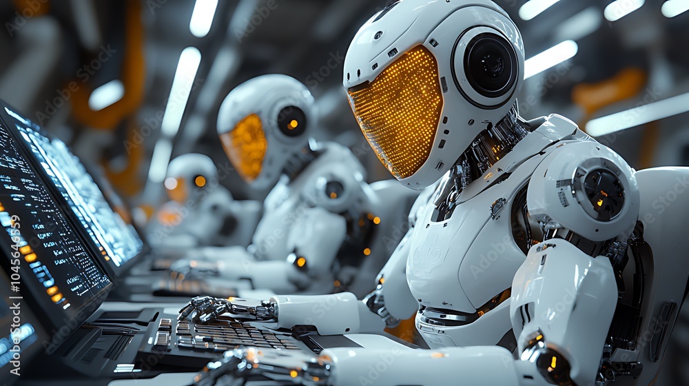 Fototapeta premium A group of futuristic robots are working at computer stations.