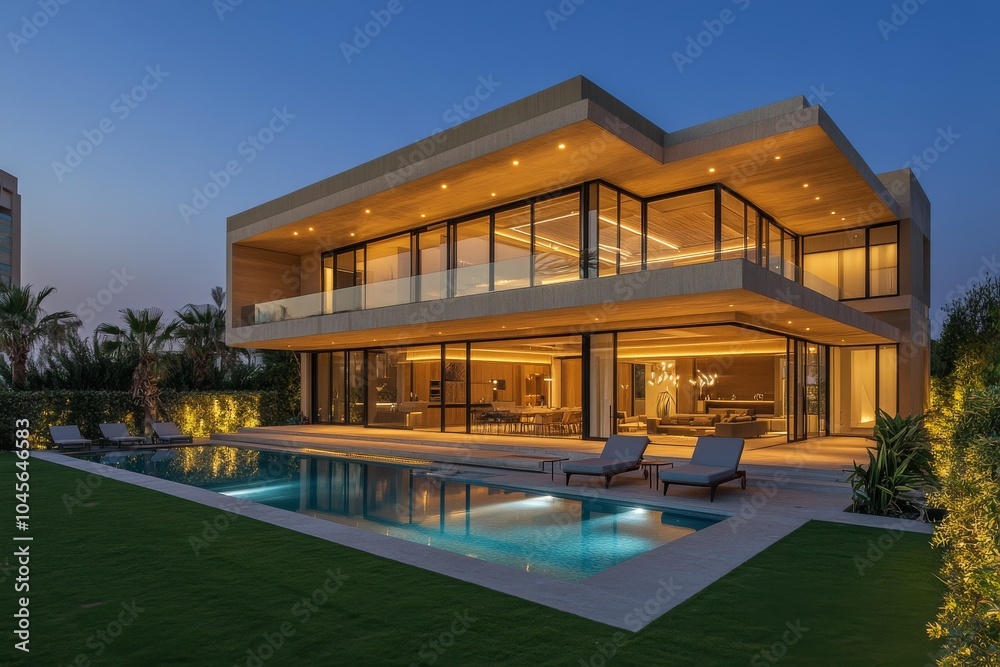 Modern luxury villa with a pool and garden in a serene evening setting Modern luxury villa with a pool and garden in a serene evening setting
