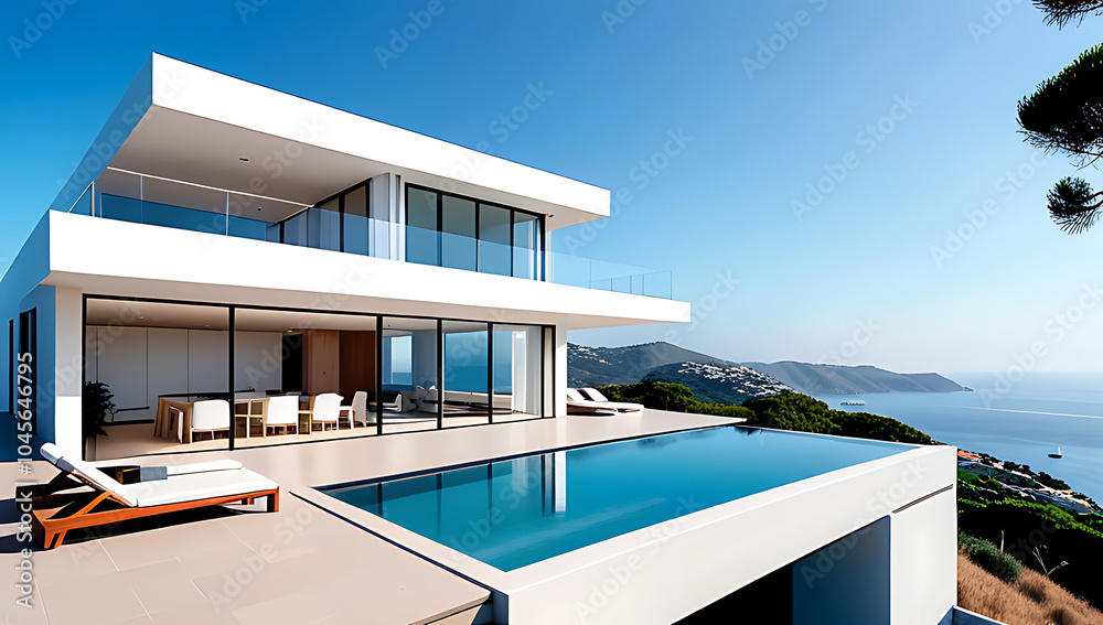Fototapeta premium stunning modern villa perches hill overlooking serene sea view luxurious surroundings