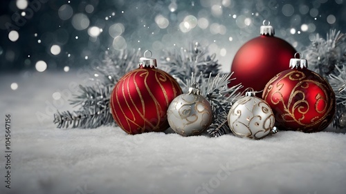 Red Christmas baubles on snow, winter holidays background