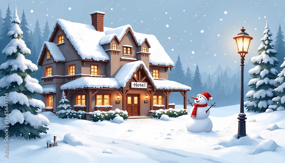 Fototapeta premium Charming winter hotel with snow-covered roof, snowman, and festive atmosphere