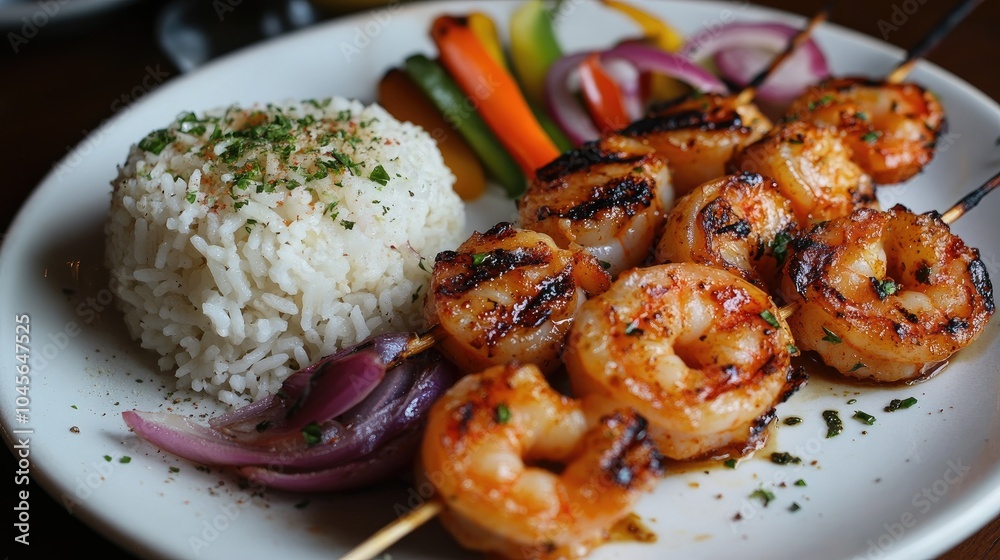 Grilled Shrimp with Rice and Colorful Vegetables Grilled Shrimp with Rice and Colorful Vegetables