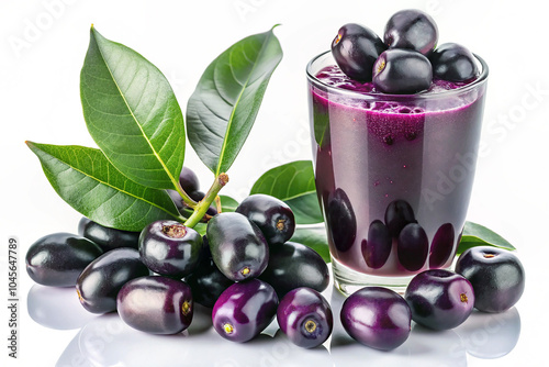 Jamun juice in a glass with some green leaves on a white background