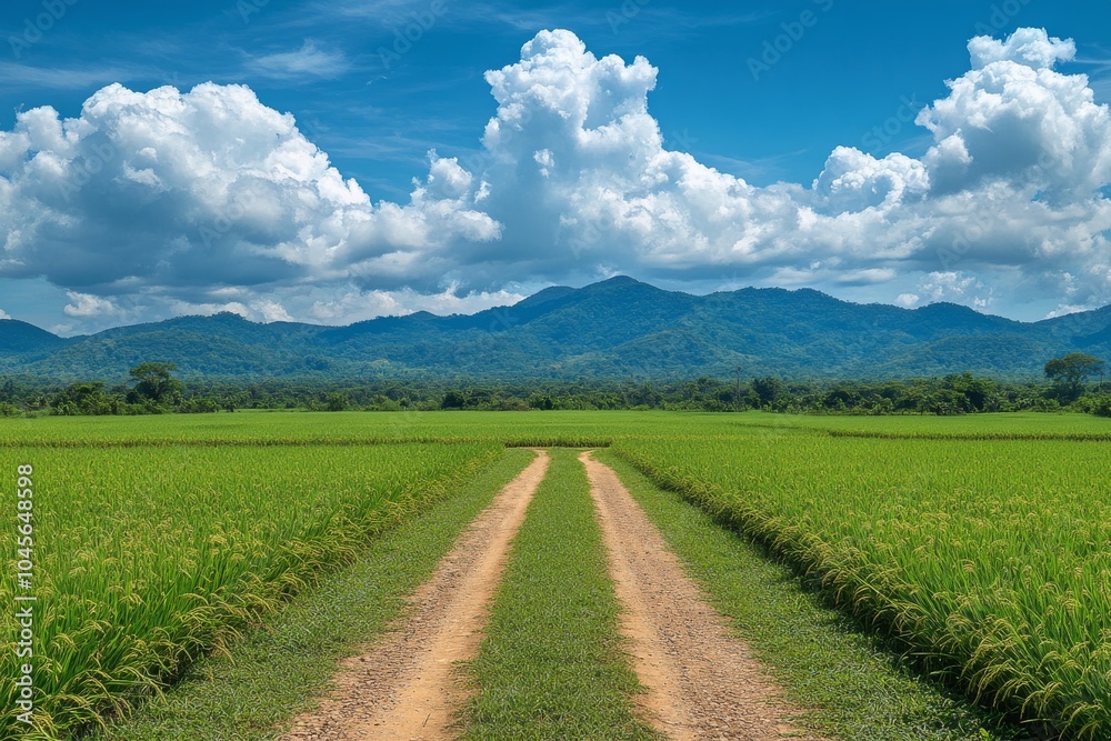 A winding dirt road through lush green rice fields under a clear blue sky during daylight hours A winding dirt road through lush green rice fields under a clear blue sky during daylight hours