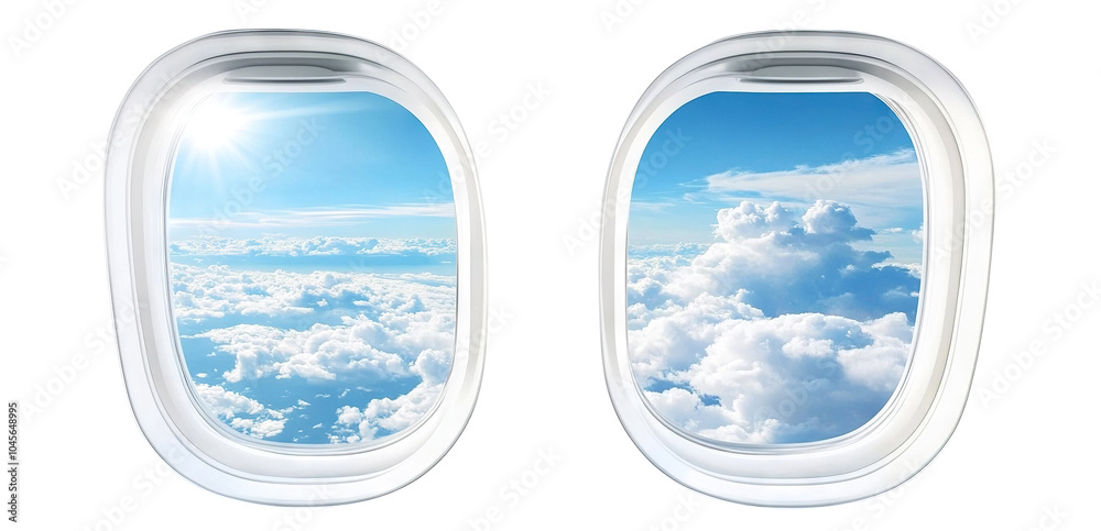 Airplane windows with a sunny view of clouds, isolated on transparent cutout background