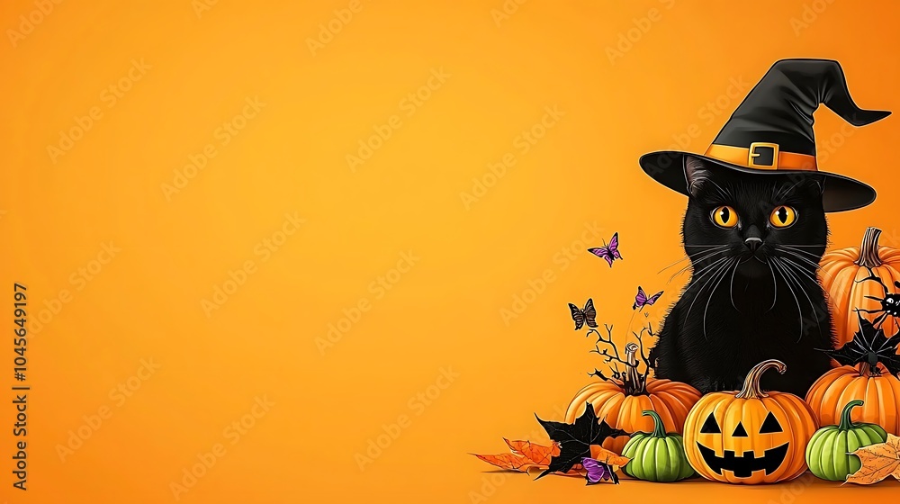 Black Cat in Witch Hat Surrounded by Pumpkins Black Cat in Witch Hat Surrounded by Pumpkins