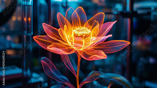 A glowing bio-engineered flower in a laboratory, with its petals emitting light.