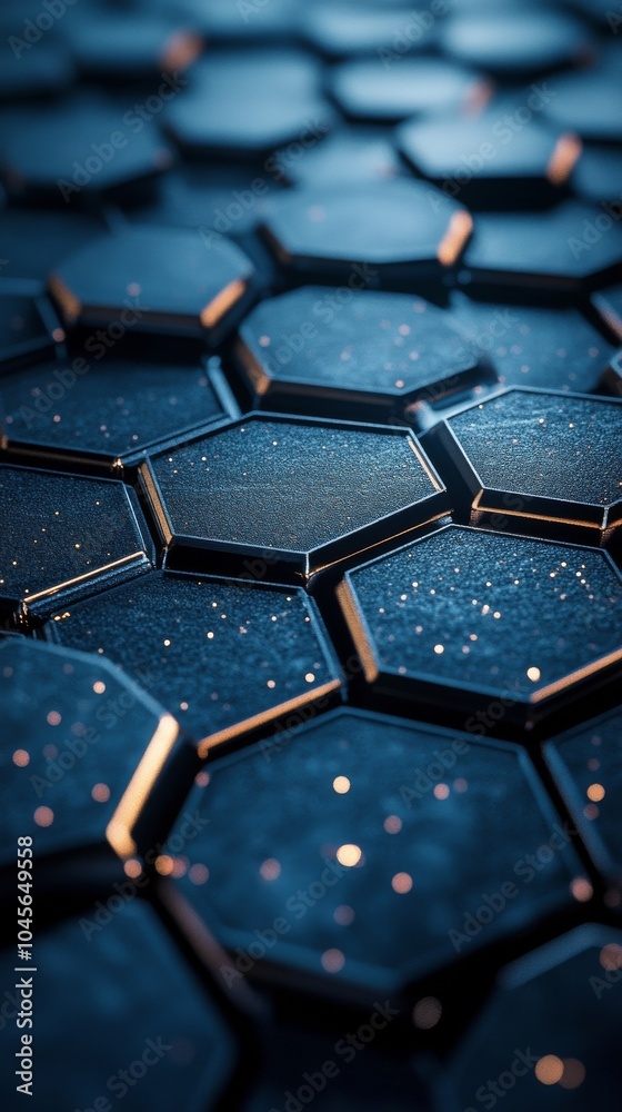 Close up of blue and black hexagonal patterns with glowing specks of light on a textured surface Close up of blue and black hexagonal patterns with glowing specks of light on a textured surface